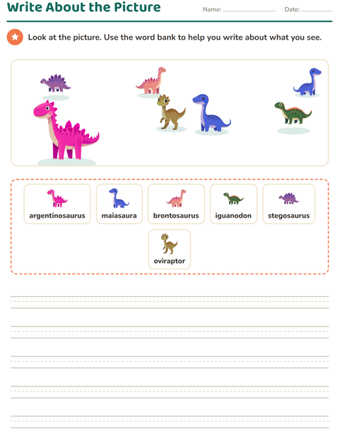 Preview of Picture Writing Prompts worksheet featuring Dinosaurs for grade 2