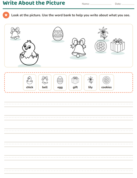 Preview of Picture Writing Prompts worksheet featuring Easter BW 2 for grade 2