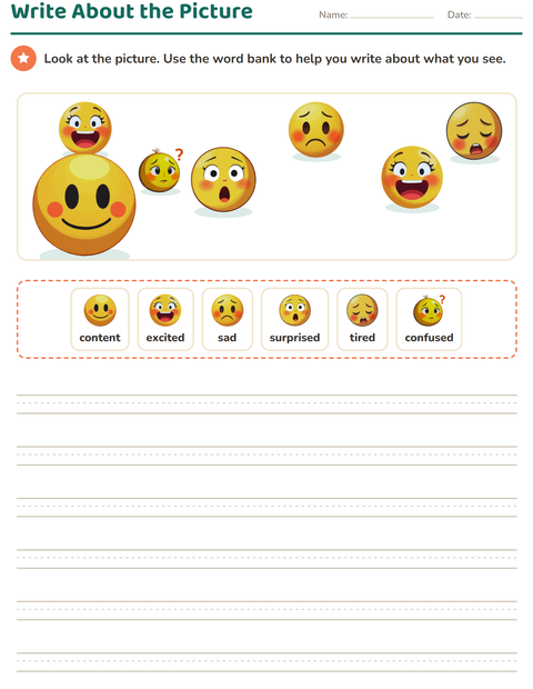 Preview of Picture Writing Prompts worksheet featuring Emotions for grade 2