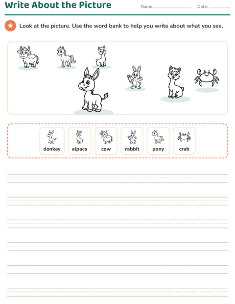 Preview of Picture Writing Prompts worksheet featuring Farm Animals BW for grade 2