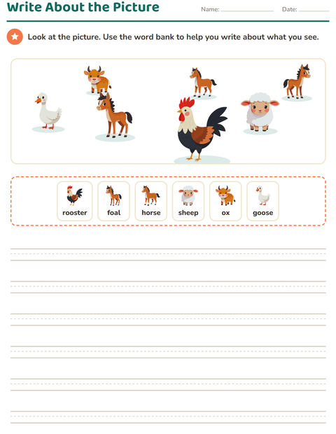Preview of Picture Writing Prompts worksheet featuring Farm Animals for grade 2