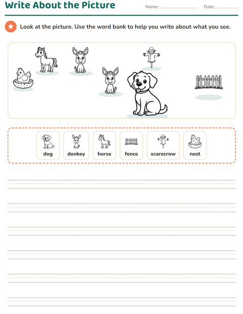 Preview of Picture Writing Prompts worksheet featuring Farm BW for grade 2