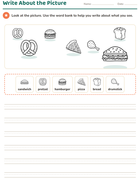 Preview of Picture Writing Prompts worksheet featuring Food BW 2 for grade 2