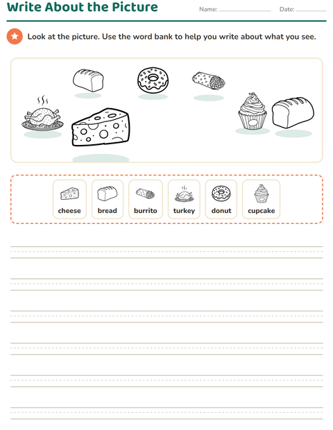Preview of Picture Writing Prompts worksheet featuring Food BW for grade 2
