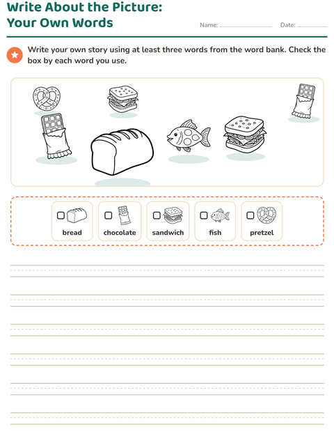 Preview of Picture Writing Prompts worksheet featuring Food BW for grade 2