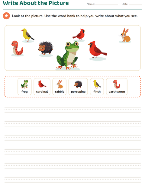 Preview of Picture Writing Prompts worksheet featuring Forest Creatures for grade 2