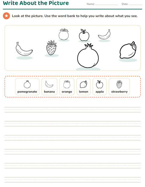 Preview of Picture Writing Prompts worksheet featuring Fruits BW for grade 2