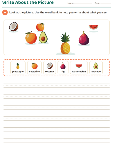 Preview of Picture Writing Prompts worksheet featuring Fruits for grade 2