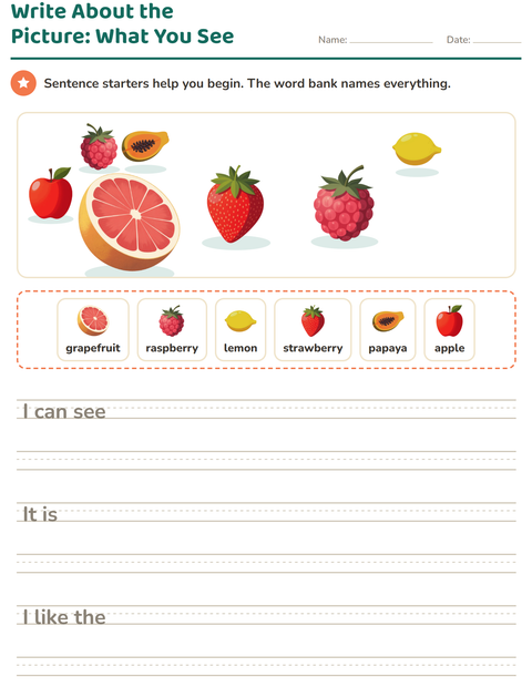 Preview of Picture Writing Prompts worksheet featuring Fruits for grade 2