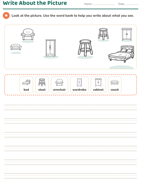 Preview of Picture Writing Prompts worksheet featuring Furniture BW for grade 2