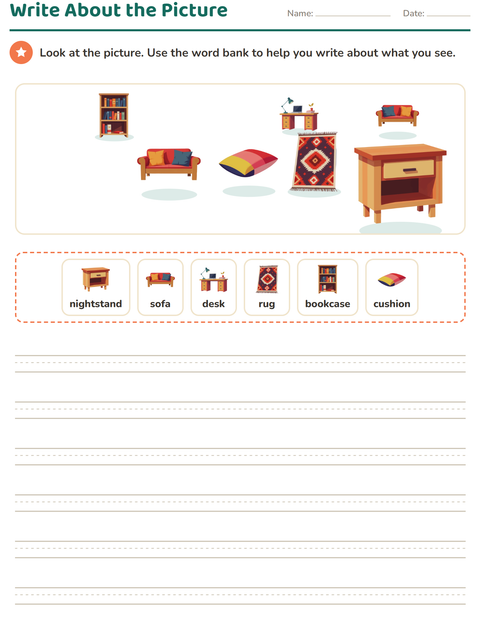 Preview of Picture Writing Prompts worksheet featuring Furniture for grade 2