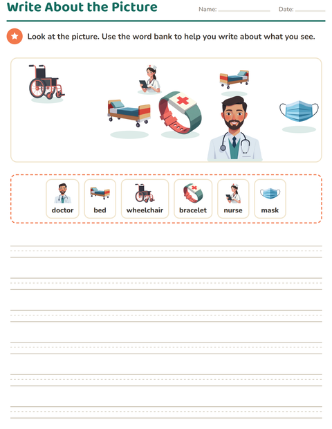 Preview of Picture Writing Prompts worksheet featuring Hospital for grade 2