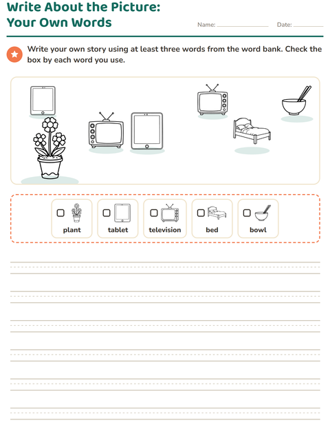 Preview of Picture Writing Prompts worksheet featuring Household BW for grade 2