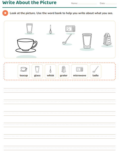 Preview of Picture Writing Prompts worksheet featuring Kitchen BW for grade 2
