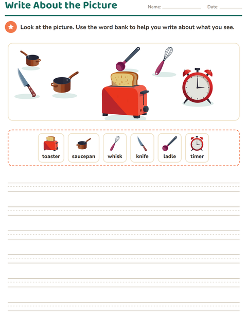 Preview of Picture Writing Prompts worksheet featuring Kitchen Tools for grade 2
