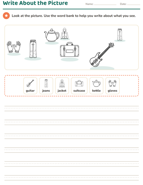 Preview of Picture Writing Prompts worksheet featuring Objects BW for grade 2