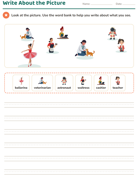 Preview of Picture Writing Prompts worksheet featuring Occupations for grade 2