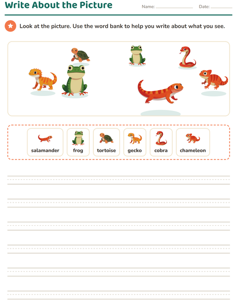 Preview of Picture Writing Prompts worksheet featuring Reptiles and Amphibians for grade 2