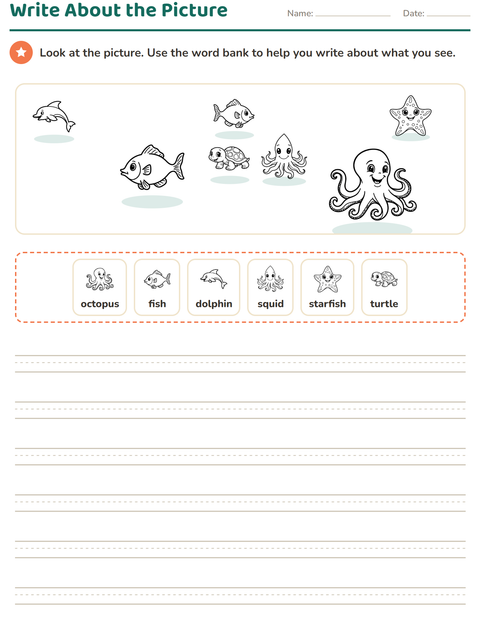 Preview of Picture Writing Prompts worksheet featuring Sea Life BW 2 for grade 2
