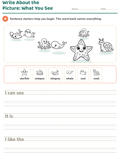 Preview of Picture Writing Prompts worksheet featuring Sea Life BW 2 for grade 2