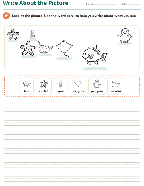 Preview of Picture Writing Prompts worksheet featuring Sea Life BW for grade 2