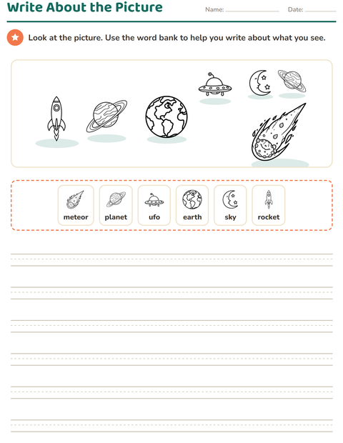 Preview of Picture Writing Prompts worksheet featuring Space BW for grade 2