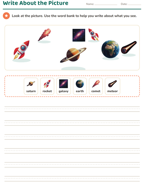 Preview of Picture Writing Prompts worksheet featuring Space for grade 2