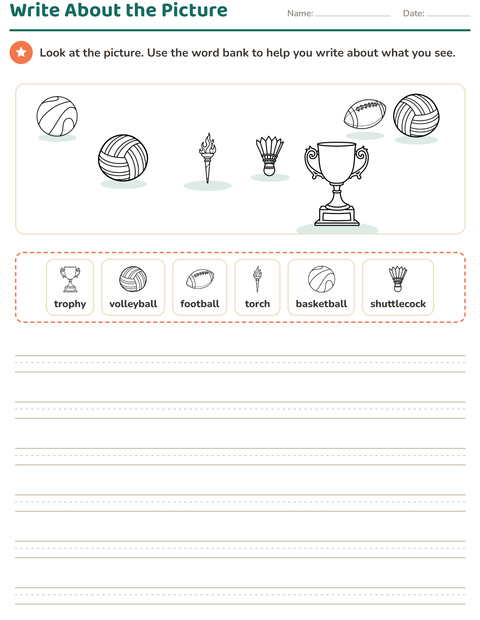 Preview of Picture Writing Prompts worksheet featuring Sports BW 2 for grade 2