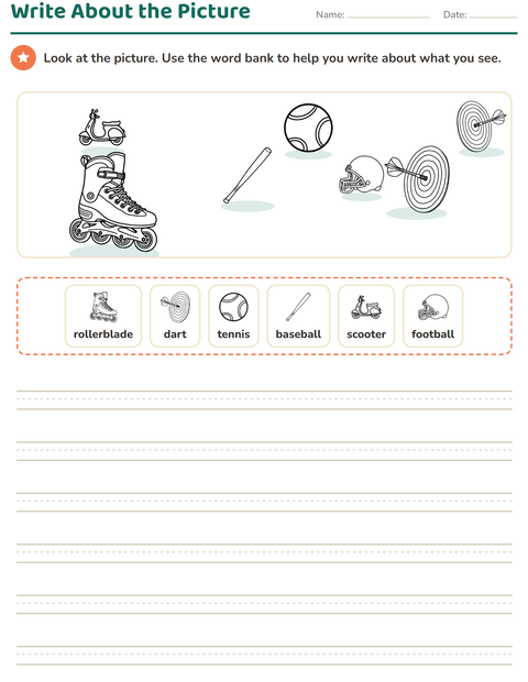 Preview of Picture Writing Prompts worksheet featuring Sports BW for grade 2