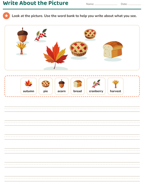 Preview of Picture Writing Prompts worksheet featuring Thanksgiving for grade 2