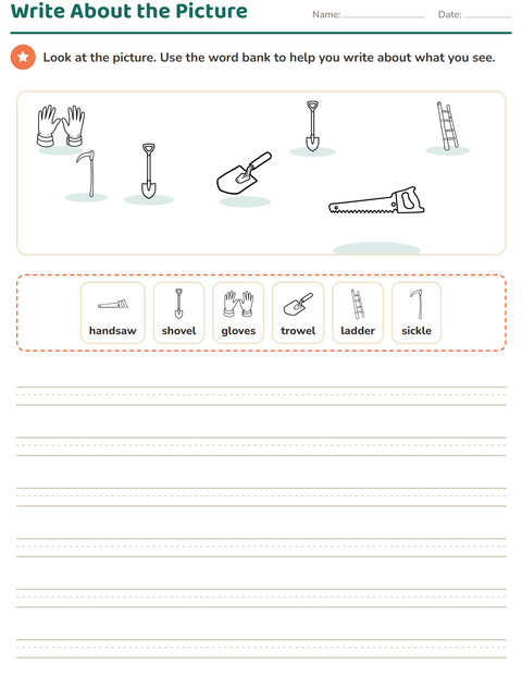 Preview of Picture Writing Prompts worksheet featuring Tools BW for grade 2