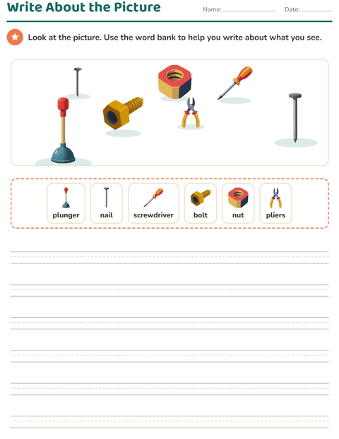 Preview of Picture Writing Prompts worksheet featuring Tools for grade 2