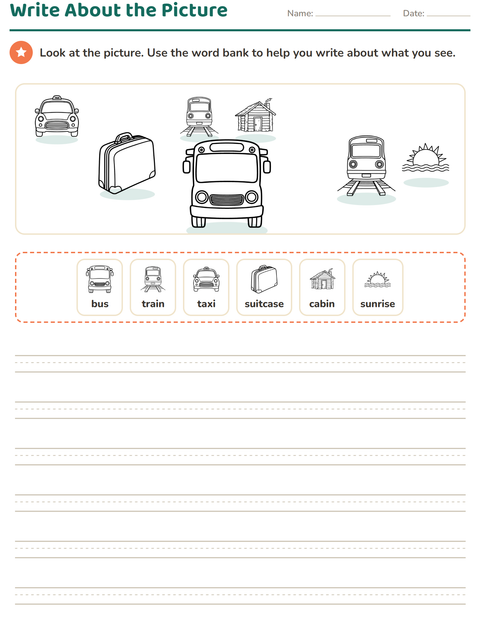 Preview of Picture Writing Prompts worksheet featuring Travel and Holiday BW for grade 2