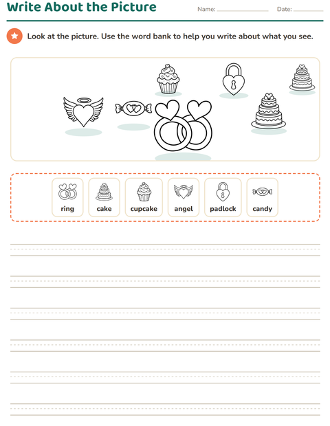 Preview of Picture Writing Prompts worksheet featuring Valentine BW for grade 2