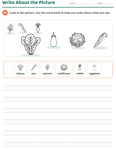 Preview of Picture Writing Prompts worksheet featuring Vegetables BW 2 for grade 2