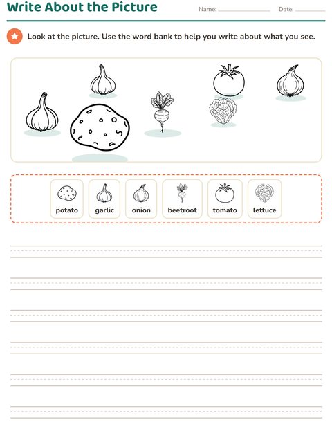Preview of Picture Writing Prompts worksheet featuring Vegetables BW for grade 2