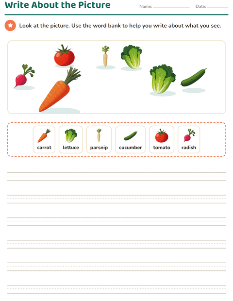Preview of Picture Writing Prompts worksheet featuring Vegetables for grade 2