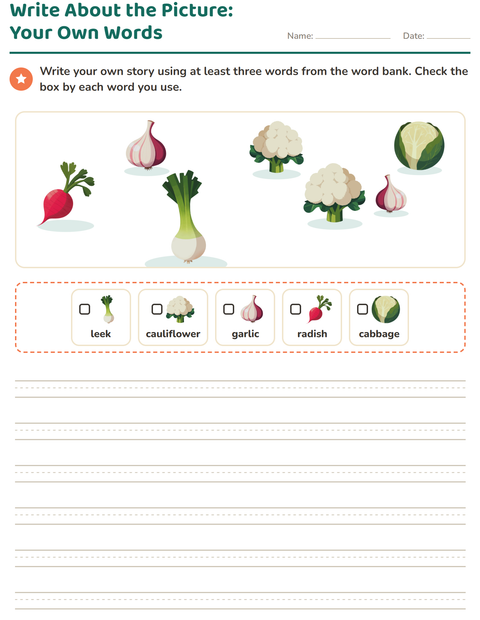 Preview of Picture Writing Prompts worksheet featuring Vegetables for grade 2