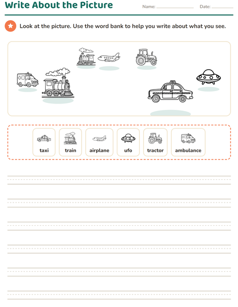 Preview of Picture Writing Prompts worksheet featuring Vehicles BW 2 for grade 2