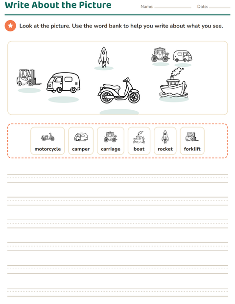 Preview of Picture Writing Prompts worksheet featuring Vehicles BW 3 for grade 2