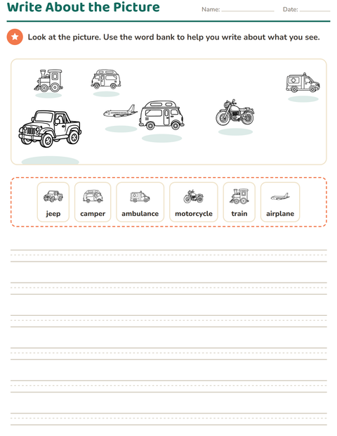 Preview of Picture Writing Prompts worksheet featuring Vehicles BW for grade 2
