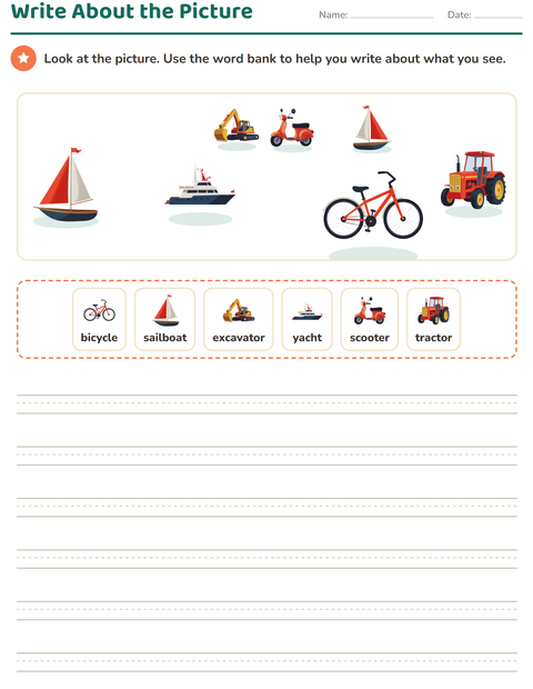 Preview of Picture Writing Prompts worksheet featuring Vehicles for grade 2