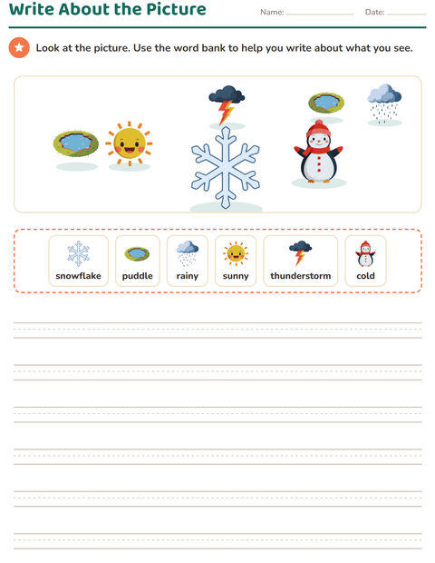 Preview of Picture Writing Prompts worksheet featuring Weather for grade 2
