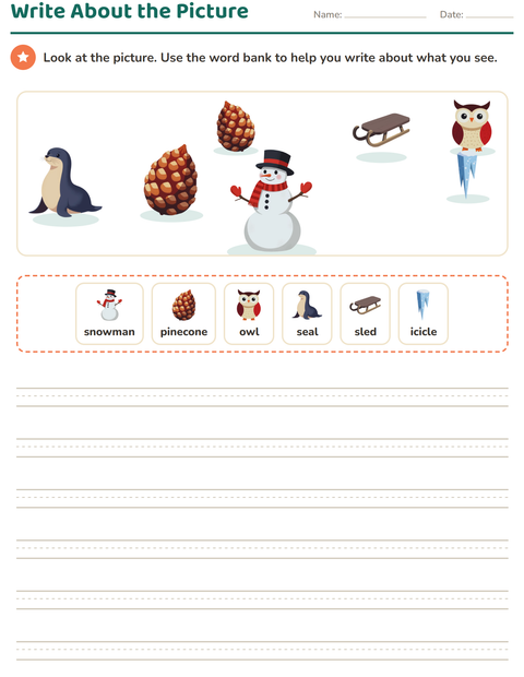 Preview of Picture Writing Prompts worksheet featuring Winter for grade 2