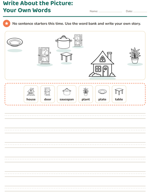 Preview of Picture Writing Prompts worksheet featuring Home and Nature BW for grade 2