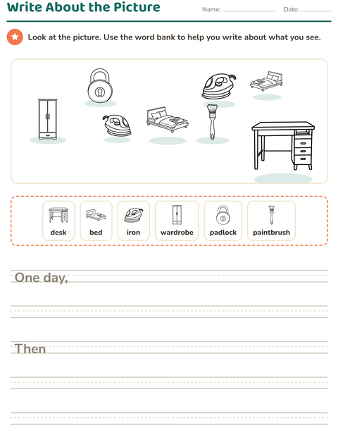 Preview of Picture Writing Prompts worksheet featuring Home BW 2 for grade 2