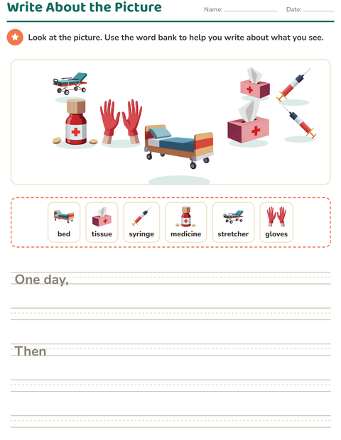 Preview of Picture Writing Prompts worksheet featuring Hospital for grade 2