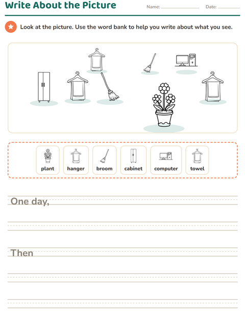 Preview of Picture Writing Prompts worksheet featuring Household BW for grade 2