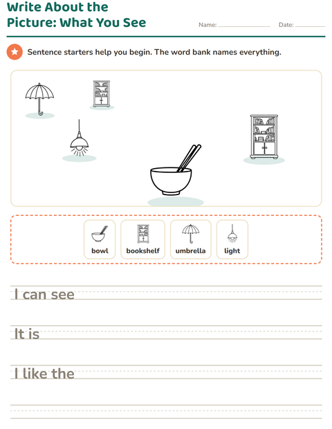 Preview of Picture Writing Prompts worksheet featuring Household BW for grade 2