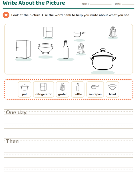 Preview of Picture Writing Prompts worksheet featuring Kitchen BW for grade 2
